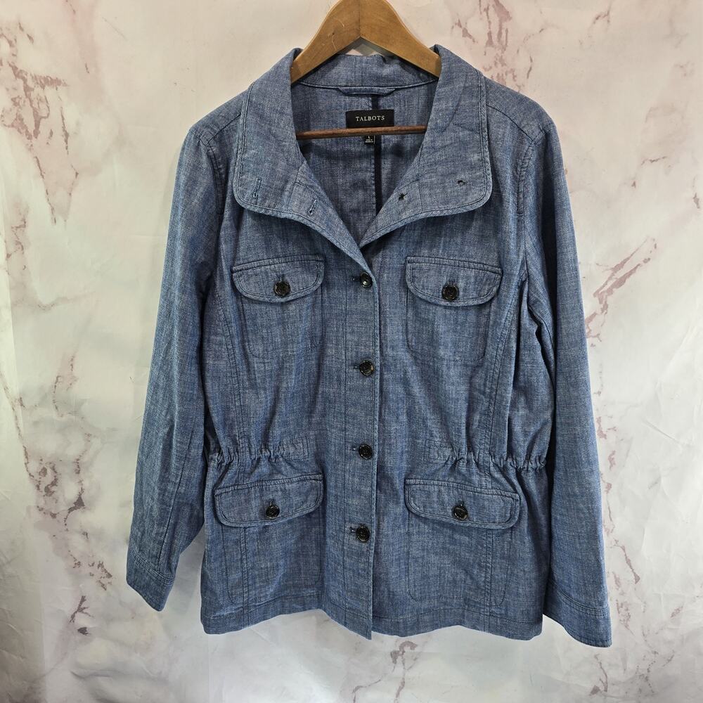 Talbots Jacket Womens Large Blue Cotton Button Jacket Utility Field Chore
